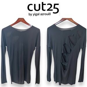 Cut 25 by Yigal Azrouel tunic top, cut out back, long sleeve, asymmetric, black